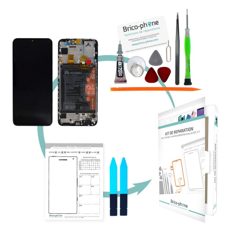 Kit de remplacement Bloc écran Noir complet pré-monté + batterie sur châssis Huawei P Smart 2019